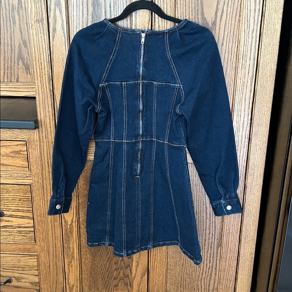 ZARA DARK WASH DENIM LONG SLEEVE MINI DRESS deep‎ indigo fit flare women’s small - Picture 4 of 6
